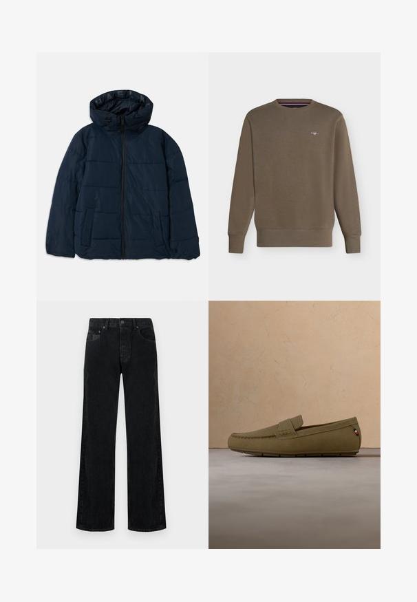 Dunkelblaue Pufferjacke mit Kapuze, ausgestattet mit einem Reißverschluss vorne, horizontalen Naht-Design, zwei seitlichen Taschen und einem Logo auf dem Innenfutter.; Braunes Sweatshirt mit Rundhalsausschnitt und langen Ärmeln, mit gerippten Bündchen und Saum, mit kleinem besticktem Logo auf der linken Brust.; Schwarze Jeans aus Denim mit weitem Bein und klassischem Fünf-Taschen-Design, versehen mit einer Knopfverschlus und dezentem, ausgewaschenem Look.; Hellbrauner Wildleder-Slipper mit gesteppten Details und einem kleinen Stoffetikett nahe der Ferse, der schwebend über einem beigen Teppichboden gezeigt wird.