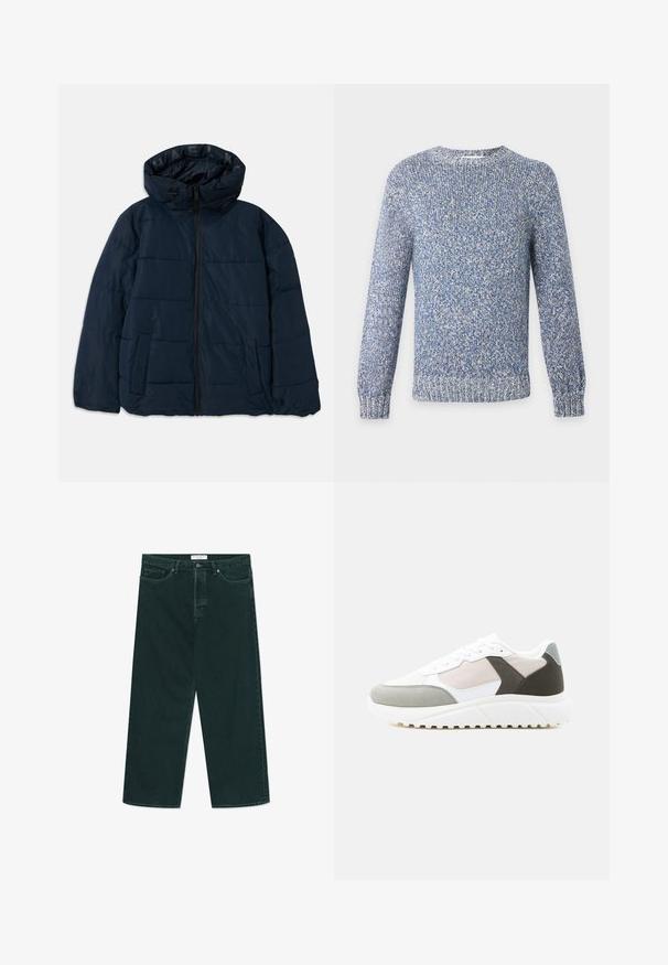 Mørkeblå pufferjakke med hætte, der har lynlås foran, vandret syning, to sidelommer og logo på indersiden.; Blå og hvid meleret strikket crewneck sweater med lange ærmer og ribkant ved ærmer og kant.; Mørkegrønne vidde denimjeans med knap- og lynlås lukning, forlommer og bæltestropper, liggende fladt på en hvid baggrund.; Hvid og grå lavt snøresko med beige og mørkegrå accenter, hvide snørebånd og tyk hvid tekstureret sål, vist i sideprofil.