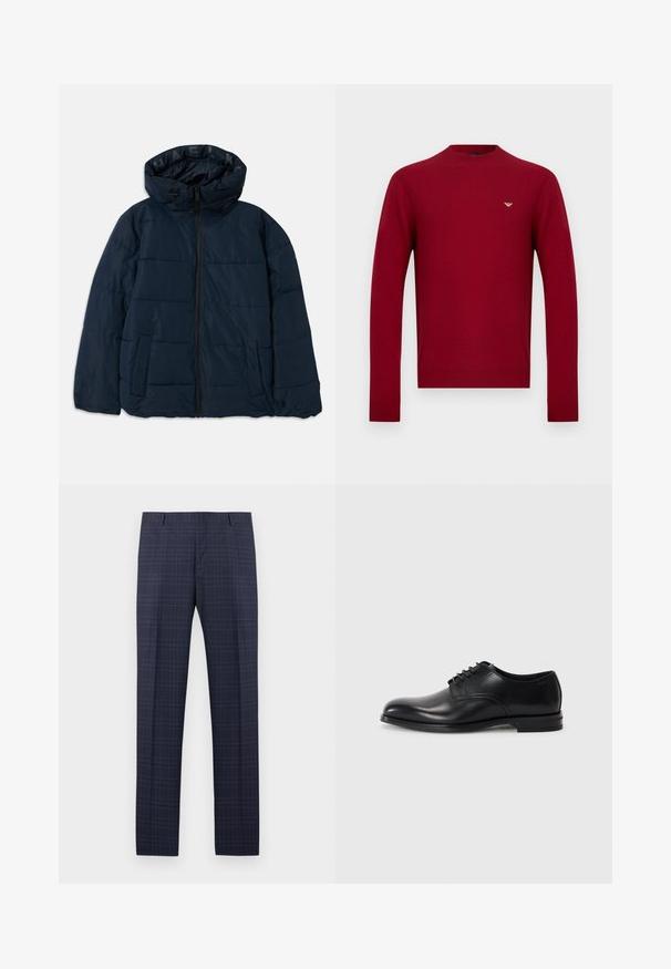 Dunkelblaue Pufferjacke mit Kapuze, ausgestattet mit einem Reißverschluss vorne, horizontalen Naht-Design, zwei seitlichen Taschen und einem Logo auf dem Innenfutter.; Roter Pullover mit Rundhalsausschnitt aus glattem Strickmaterial. Verfügt über lange Ärmel und ein kleines goldenes Logo auf der Brust.; Marineblaue Anzughose mit dezentem hellblauem Karomuster, Gürtelschlaufen und vorderer Bügelfalte.; Schwarze Lederschuhe mit runder Zehenpartie, Schnürdesign, glatter Textur und einer flachen Gummisohle. Minimale Nähte.