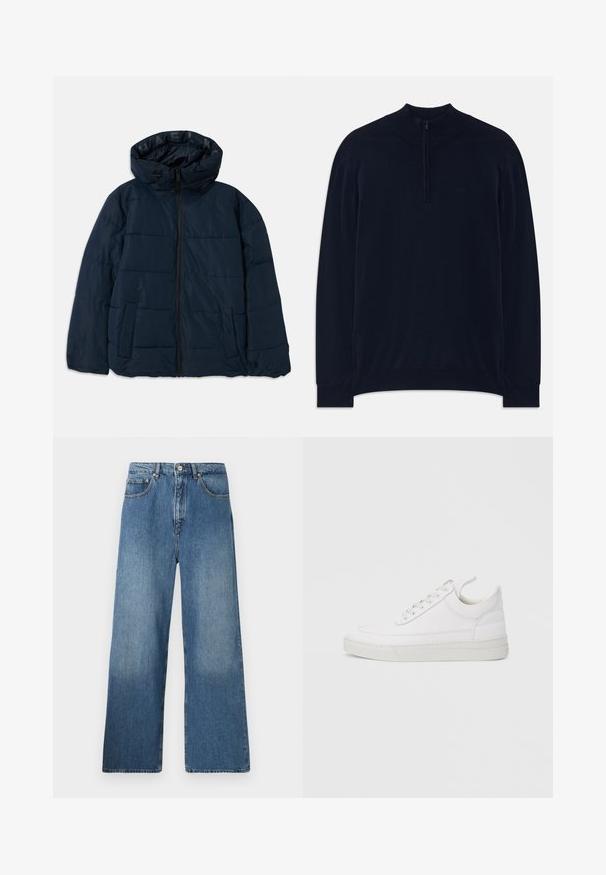Dunkelblaue Pufferjacke mit Kapuze, ausgestattet mit einem Reißverschluss vorne, horizontalen Naht-Design, zwei seitlichen Taschen und einem Logo auf dem Innenfutter.; Dunkelblauer Pullover mit Reißverschlusskragen, geripptem Halsauschnitt und Bündchen. Weicher Stoff und lange Ärmel, mit einem minimalistischen Logodetail.; Breite blaue Denim-Jeans mit klassischem Fünf-Taschen-Design, Knopfverschluss vorne und leichtem Verblassen für Textur.; Weißer Ledersneaker mit abgerundetem Zehenbereich, flacher Sohle und Schnürverschluss. Verfügt über Nahtdetails und einen gepolsterten Kragen für zusätzlichen Komfort.