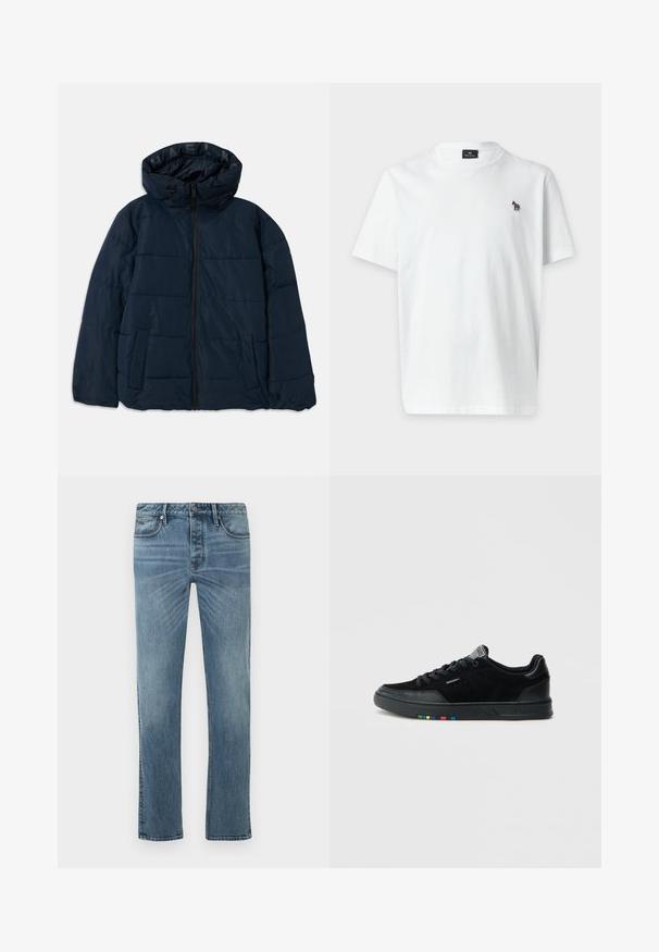 Dunkelblaue Pufferjacke mit Kapuze, ausgestattet mit einem Reißverschluss vorne, horizontalen Naht-Design, zwei seitlichen Taschen und einem Logo auf dem Innenfutter.; Einfaches weißes T-Shirt mit kurzen Ärmeln, einem kleinen mehrfarbigen Zebra-Logo auf der linken Brust und einem Rundhalsausschnitt.; Blaue Jeans aus Denim mit geradem Bein, ausgestattet mit klassischem Fünf-Taschen-Design, sichtbaren Nähten und einem ausgewaschenen Look.; Schwarze Wildleder-Sneaker mit glatter Textur, ausgestattet mit einer schwarzen Gummisohle und mehrfarbigen Akzenten an der seitlichen Sohle.