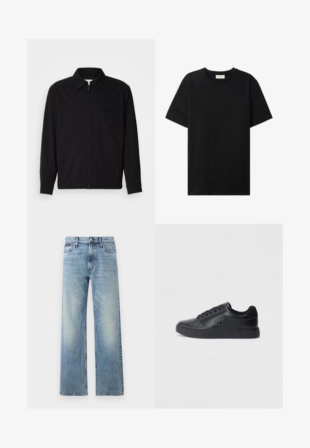 Zwarte lange mouwen shirt met een kraaghals, voorste rits sluiting en een borstzak. Gemaakt van een gestructureerde stof met een relaxte pasvorm.; Zwart T-shirt met korte mouwen en ronde hals met een subtiel Calvin Klein Jeans-logo op de borst en een label aan de binnenkant van de halslijn.; Lichtblauwe denim jeans met rechte pijpen, een hoge taille, vijf zakken, knoopsluiting en subtiele vervaging op de dijen en knieën.; Zwarte leren sneakers met vetersluiting, rubberen zool en reliëflogo op de zijkant, met een gladde textuur en minimalistische stijl.