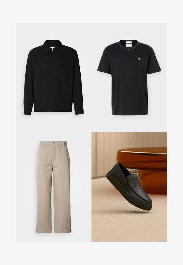 Zwarte lange mouwen shirt met een kraaghals, voorste rits sluiting en een borstzak. Gemaakt van een gestructureerde stof met een relaxte pasvorm.; Zwart T-shirt met korte mouwen en ronde hals, met een klein wit "cK"-logo op de linkerborst, klassieke pasvorm, eenvoudig ontwerp.; Beige wijde broek van katoen; voorzien van voorzakken met klep, een knoopsluiting en zichtbare stiknaden langs de zoom.; Zwarte leren instaploafer met een band over het bovenwerk, geplaatst op een beige tapijt en naast een bruine ronde tafel.