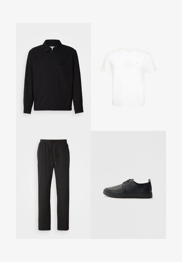 Schwarzes Langarmshirt mit Kragen, Frontreißverschluss und Brusttasche. Aus strukturiertem Stoff mit entspannter Passform.; Weißes T-Shirt mit kurzen Ärmeln und Rundhalsausschnitt mit kleinem gesticktem "ck" Logo auf der linken Brust.; Schwarze Jogginghosen aus leichtem Stoff, mit einem elastischen Bund und verstellbaren Kordeln sowie Seitentaschen. Glatte Textur.; Schwarze Leder-Sneaker mit glatter Oberfläche, abgerundeter Zehenpartie, gleichfarbiger Nähte, schnürbarem Vorderteil und flacher Gummisohle. Schlaufe an der Ferse.