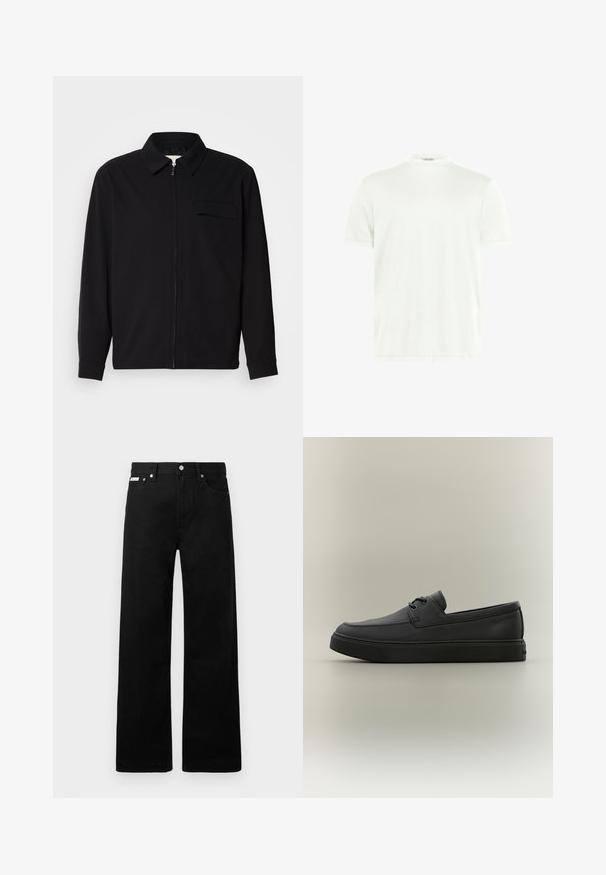 Schwarzes Langarmshirt mit Kragen, Frontreißverschluss und Brusttasche. Aus strukturiertem Stoff mit entspannter Passform.; Weißes T-Shirt mit Rundhalsausschnitt aus weichem Stoff. Kurze Ärmel, keine Muster. Schlichtes Design mit geradem Saum und minimalen Details.; Schwarze Denim-Hose im weiten Bein-Design mit fünf Taschen und metallenen Knopfdetails. Glatte Textur, ohne sichtbare Muster.; Schwarzer lässiger Lederloafer mit Schnürdetails und dicker Gummisohle, seitlich auf neutralem Hintergrund dargestellt.