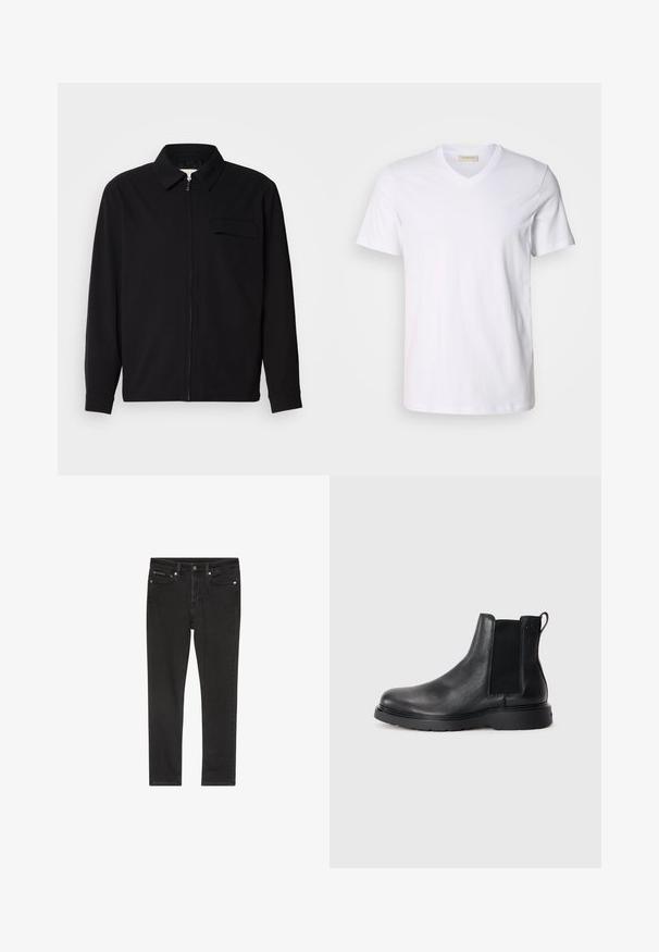Sort langærmet skjorte med krave, frontlynlås og brystlomme. Lavet af struktureret stof med en afslappet pasform.; Hvid bomulds V-hals T-shirt med korte ærmer, som har et lille logo på brystet. Glat tekstur, standard pasform og klassisk design.; Sorte denimjeans med slim fit, der har fire lommer, lukning med metalknap og let slidte detaljer. Glat tekstur og klassisk design.; Sorte læder chelsea støvler med tekstureret finish, elastiske sidepaneler og en robust gummisål. Subtil branding på hælen.
