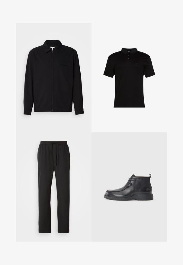 Camisa negra de manga larga que presenta un cuello con solapa, cierre frontal con cremallera y un bolsillo en el pecho. Fabricada con una tela texturizada y un corte holgado.; Polo negro de tela suave, con cuello de solapa, tapeta con tres botones y un pequeño logo en el lado izquierdo del pecho.; Pantalones de chándal negros hechos de tela ligera, con una cintura elástica y cordones ajustables, además de bolsillos laterales. Textura suave.; Botas de cuero negras hasta el tobillo con punta redondeada, diseño con cordones y una lengüeta en la parte trasera. Parte superior texturizada y suela de goma.