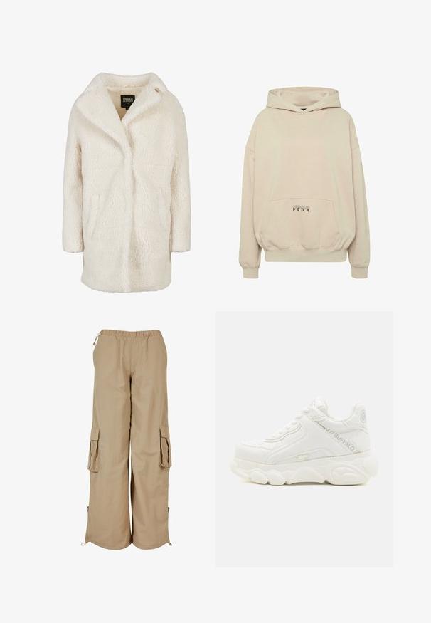 Teddy-Mantel in cremefarben mit langen Ärmeln, Reverskragen und Seitentaschen, Marke Urban Classics, Größe XS.; Beiger Hoodie mit Fronttasche, gerippten Bündchen und Kordelzugkapuze. "PECADOR PGDR" Schriftzug auf dem Taschenbereich.; Beige Cargo-Shorts mit elastischem Bund, zwei Seitentaschen und Mesh-Akzenten; aus leichtem, strukturierte Stoff gefertigt.; Weißer klobiger Sneaker mit dicker Sohle, Schnürdesign und "Buffalo" Branding an der Seite und Ferse.
