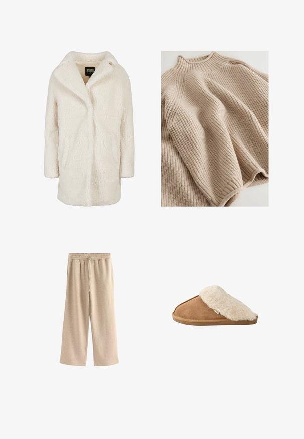 Kermanvärinen teddy-takki, jossa pitkät hihat, kauluskäänne ja sivutaskut, merkiltään Urban Classics, koko XS.; Neulepaita vaaleassa beigeissä, jossa on ribbitekstuuri, korkea kaulus ja leveä, rento siluetti. Korostettu teksturoiduilla ompeleilla.; Kermanväriset leveälahkeiset housut, jotka on valmistettu pehmeästä puuvillasekoitekankaasta. Niissä on joustava vyötärö, jossa on naru ja hienovarainen täpläkuvio.; Ruskea liukumiskenkä, jossa pehmeä beige tekoturkisvuori ja pohja, sivukuva valkoisella taustalla.