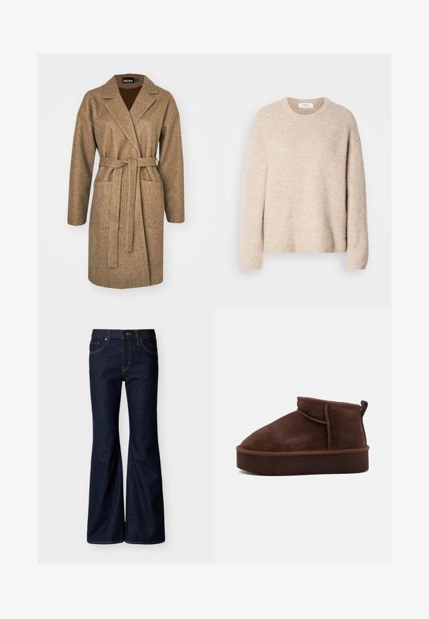 Brun langærmet frakke lavet af tekstureret stof, med bælte i taljen, spids krave, to sidelommer og en afslappet pasform.; Beige strikket sweater med rund hals, lange ærmer og ribkant. Blødt, tekstureret stof med en afslappet pasform.; Mørkeblå denimjeans med vide ben, frontknap og lynlås, samt fem-lomme-design med kontrastsyning.; Brune ruskind ankelstøvle med en rund tå, blød tekstur og en tyk platformsål. Har en diskret sømdetalje og en pull-tab bagpå.