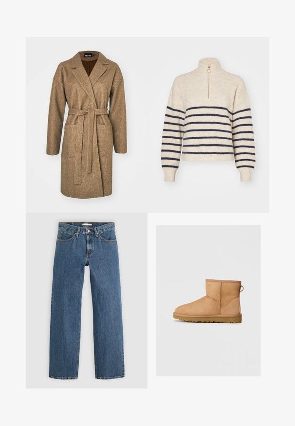 Brun langærmet frakke lavet af tekstureret stof, med bælte i taljen, spids krave, to sidelommer og en afslappet pasform.; Beige sweater med marineblå vandrette striber, høj krave og halv-zip lukning. Fremstillet af et tekstureret strikket stof med ribbede manchetter.; Blå denim jeans med lige pasform, der har fem lommer, knaplukning og kontrastsyninger langs sømmene.; Brune suede ankelstøvle med rund tå, stikninger, en pull tab bagpå og en tekstureret gummisål. Designet til komfort og varme.