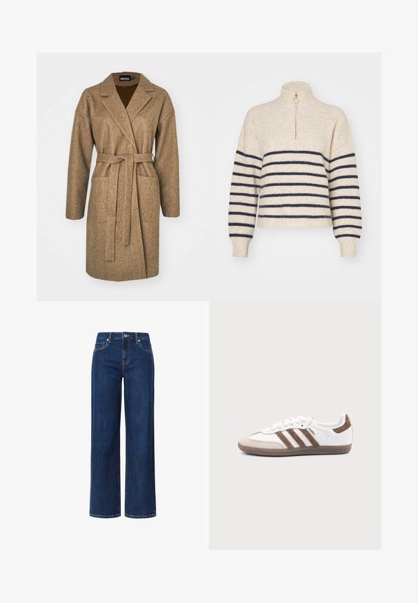 Brun langærmet frakke lavet af tekstureret stof, med bælte i taljen, spids krave, to sidelommer og en afslappet pasform.; Beige sweater med marineblå vandrette striber, høj krave og halv-zip lukning. Fremstillet af et tekstureret strikket stof med ribbede manchetter.; Bredde ben jeans i mørkeblå denim med en glat tekstur, der har en knap- og lynlåslukning, fem lommer og kontrastsyet.; Hvid Adidas Samba sneaker med brune ruskindstriber, brun gummisål og beige ruskindståhætte, vist fra ydersiden på en ensfarvet baggrund.