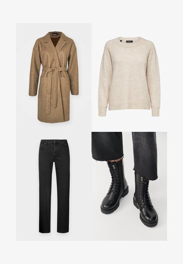 Brun langærmet frakke lavet af tekstureret stof, med bælte i taljen, spids krave, to sidelommer og en afslappet pasform.; Beige langærmet sweater i uldblanding med rund halsudskæring, ribkant ved manchetter og kant, medium størrelse, label med teksten "Selected Femme."; Sorte straight-leg jeans lavet af denim, med et klassisk fem-lomme design, knaplukning og bæltestropper. Glat tekstur.; Sorte ankelstøvler med en glat læderfinish, snørebånd foran og lynlås i siden. Tykke såler og detaljerede øjer tilføjer tekstur.