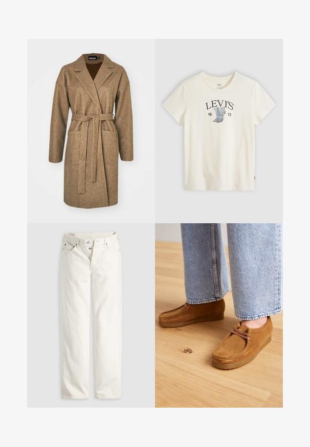 Bruine, lange mouwjas gemaakt van textuurstof, met een ceintuur in de taille, een gelapte kraag, twee zijzakken en een ontspannen pasvorm.; Witte Levi's T-shirt met korte mouwen met een afbeelding van blauwe cowboylaarzen en "LEVI'S 1873" gedrukt op de borst.; Witte rechte jeans met hoge taille, knoopsluiting, voor- en achterzakken, en zichtbare koperen klinknagels op de hoeken van de zakken.; Bruine suède schoenen met een ronde neus en een tan rubberen zool, voorzien van een simpel vetersysteem, gecombineerd met lichtblauwe denim broek.