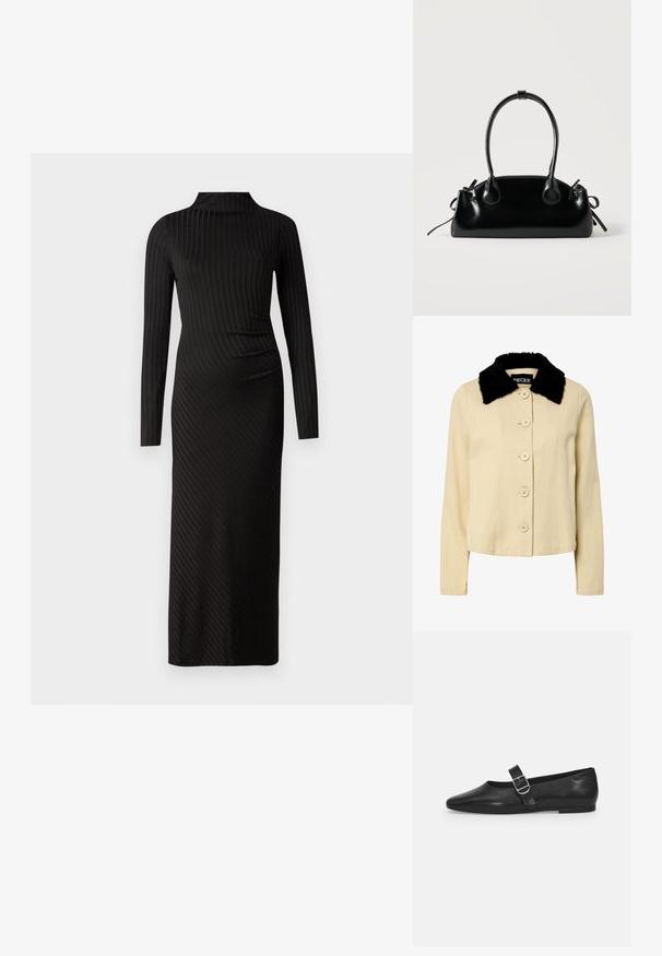 Beige jakke med en sort kunstpelskrave, der har en knaplukning foran og lange ærmer. Materialet ser tekstureret ud med et klassisk design.; Good American VICTORIAN FUNNEL NECK MIDI DRESS - Strikkjoler - black; Sorte læder flade sko med rund tå, et enkelt justerbart spænde og en glat, blank overflade. Minimalistisk design med en lav hæl.; Lille sort blank håndtaske med to lange håndtag og snøre-detaljer i siden på en ensfarvet lys baggrund.