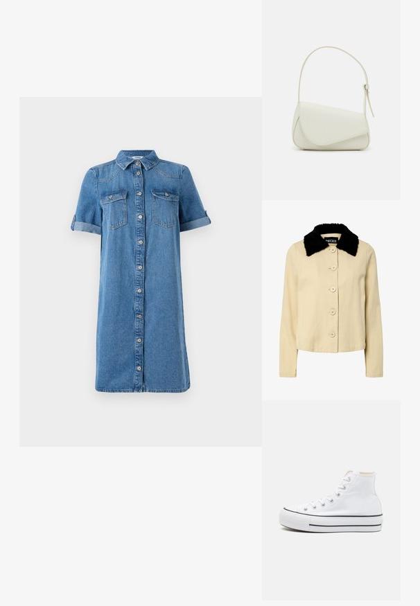 Beige takki mustalla tekoturkiskauluksella, jossa on napitettava etuosa ja pitkät hihat. Materiaali näyttää olevan teksturoitu ja siinä on klassinen muotoilu.; Denimmekko lyhyillä käännösslkoilla, napit edessä, kaksi rintataskua ja tasainen sininen väri. Ominaisuuksiin kuuluu kauluskloa ja polvipituinen leikkaus.; Valkoiset korkeavartiset tennarit, joissa on kankainen päällinen, musta kumipohja ja kontrastivärinen musta raita keskikohdalla. Pyöreä varvastuki ja nauhakiinnitys.; Valkoinen keinonahkainen käsilaukku, jossa on jämäkkä kolmion muoto, yksi säädettävä olkahihna ja kaareva läppäkiinnitys.