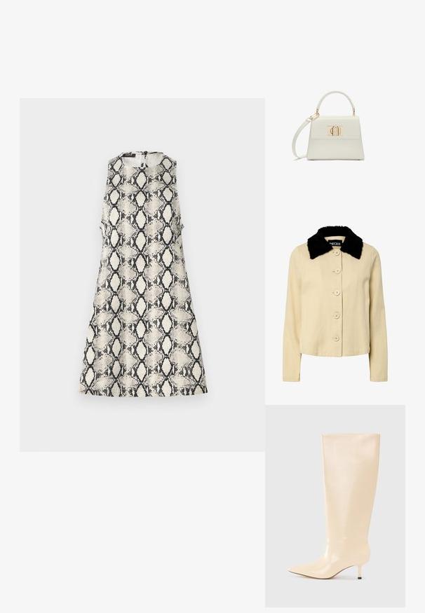 Beež mantel musta kunstkarva kraega, millel on nööpidega esitamine ja pikad varrukad. Materjal näib tekstureeritud klassikalise disainiga.; Soevaba dress, millel on beež ja must kääridmustri, ümara kaelusega ja tagumise tõmblukuga.; Põlve kõrgune beež nahast saabas, millel on sile ja läikiv viimistlus, terav varvas ja madal, õhuke konts. Omab minimalistlikku disaini ja nähtavaid aktsente ei ole.; Väike valge käekott ülemise sangaga, eemaldatava õlarihma ja kullast ristküliku kujulise klambri eesmisel klapil.