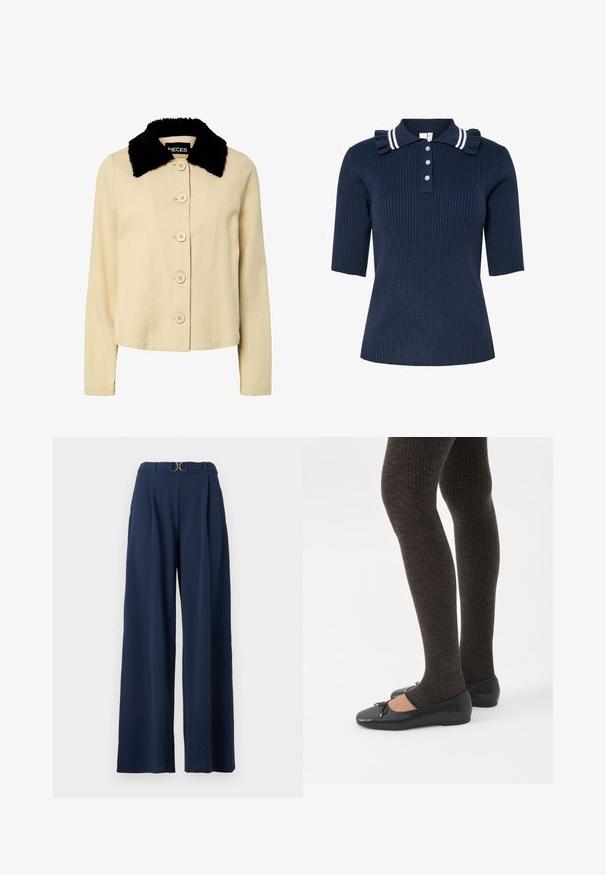 Beige jakke med en sort kunstpelskrave, der har en knaplukning foran og lange ærmer. Materialet ser tekstureret ud med et klassisk design.; Marineblå ribstrikket polo med korte ærmer, med en stribet krave og flæsedetalje, lukket med tre knapper foran.; Marineblå bukser med vid ben fremstillet af glat stof med høj talje og detaljer i form af en guldfarvet bæltespænde, med plisseringer og sideslids ved kanten.; Ben iført mørke ribbede leggings kombineret med sorte balletsko med små sløjfedetaljer på hvid baggrund.