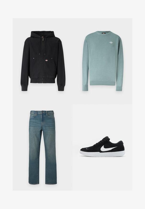 Μαύρο hoodie με φερμουάρ, κορδόνια, μπροστινή τσέπη καγκουρό, ριμπ μανσέτες και τελείωμα, και μικρό ορθογώνιο λογότυπο στο τσεπάκι.; Ανοιχτό μπλε πουλόβερ με στρογγυλή λαιμόκοψη και ριμπ μανσέτες και τελείωμα, με ένα μικρό λευκό λογότυπο στο αριστερό στήθος.; Τζιν παντελόνια σε μεσαίο μπλε χρώμα, με σχεδιασμό ίσιας γραμμής, διαθέτουν κλείσιμο με κουμπί, πέντε τσέπες και ελαφρύ ξεθώριασμα στο μπροστινό μέρος.; Μαύρο σουέτ αθλητικό παπούτσι με λευκές λεπτομέρειες, διαθέτοντας στρογγυλή μύτη, παχιά λευκή σόλα και μαύρα κορδόνια. Εντυπωσιακό λευκό λογότυπο Nike στο πλάι.