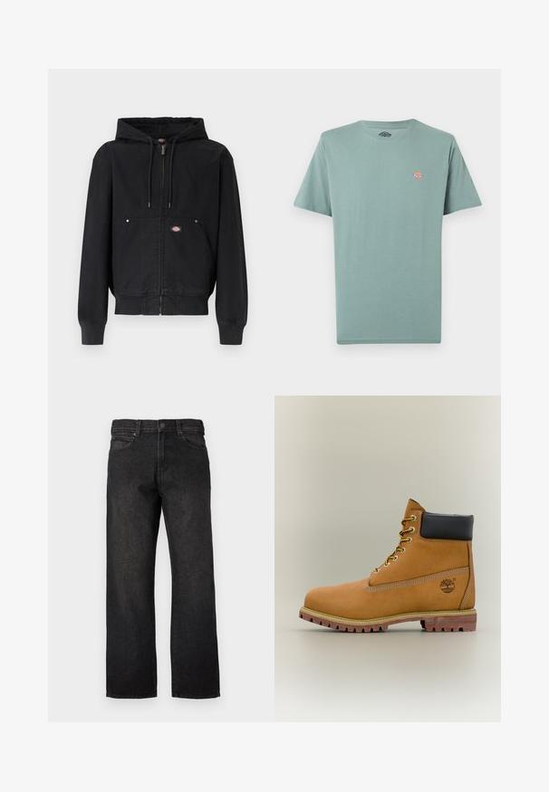 Μαύρο hoodie με φερμουάρ, κορδόνια, μπροστινή τσέπη καγκουρό, ριμπ μανσέτες και τελείωμα, και μικρό ορθογώνιο λογότυπο στο τσεπάκι.; Απλό σιγασμένο πράσινο κοντομάνικο μπλουζάκι με στρογγυλή λαιμόκοψη και μικρό πολύχρωμο λογότυπο Dickies στο αριστερό στήθος.; Μαύρο τζιν παντελόνι με ίσια γραμμή, διαθέτει κουμπιά κλεισίματος, θηλιές για ζώνη και πέντε τσέπες. Το ύφασμα έχει λείο, ελαφρώς υφηρό φινίρισμα.; Καφέ δερμάτινο μποτάκι αστραγάλου με μαύρο γιακά, κίτρινα κορδόνια και ταμπά σόλα. Διαθέτει λογότυπο και λευκή ραφή για λεπτομέρεια. Ανθεκτική εξωτερική σόλα με τραχύ πέλμα.