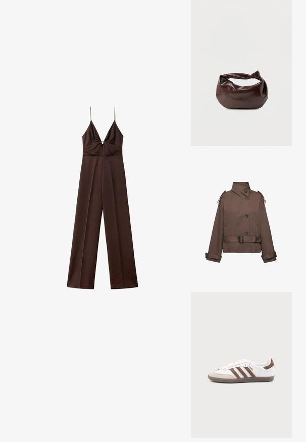 Veste courte marron avec col montant, quatre boutons, taille ceinturée, et sangles ajustables aux épaules et aux poignets.; Combinaison marron foncé à jambes larges avec fines bretelles spaghetti et un décolleté en V profond avec un détail froncé à la poitrine.; Baskets Adidas Samba blanches avec des bandes en daim marron, semelle en caoutchouc marron et bout en daim beige, vues du côté extérieur sur un fond uni.; Sac bandoulière en cuir marron foncé avec une forme souple et décontractée et une anse nouée torsadée sur un fond blanc uni.
