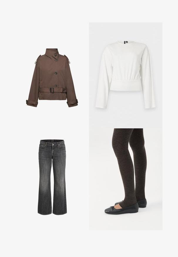 Veste courte marron avec col montant, quatre boutons, taille ceinturée, et sangles ajustables aux épaules et aux poignets.; Blouse blanche à manches longues courte avec un col rond et une taille élastique froncée, présentée sur un fond uni.; Jeans en denim noir délavé à coupe droite, avec bouton frontal, passants pour ceinture, et design à cinq poches.; Jambes portant des leggings côtelés foncés associés à des ballerines noires avec de petits détails en nœud sur fond blanc.