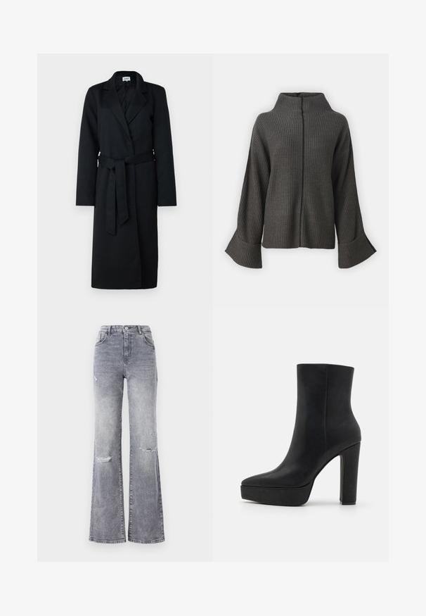 Sorte lang frakke med spidse rever, omslag-design og matchende taljebånd. Lavet af uld-lignende stof, med lange ærmer og en glat tekstur.; VILA VIVIGGA CONTRAST - Striktrøje - dark grey/black; Højtaljede grå denim jeans med flagrende ben, der har slidte knædetaljer, et klassisk fem-lomme design og tonet syninger.; Sort ankelstøvle lavet af tekstureret læder med en spids snude, en chunky plateau og en høj blokhæl. Glat overflade, minimal detaljering.