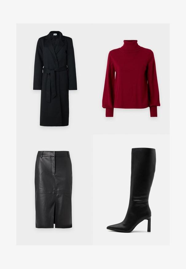 Must mustaga ja jakiga, millel on krae, mähise kujundus ja sobituv vöö. Valmistatud villataolistest kangast, pikkaeelse ja siledaga.; VILA VIAMANDA TURTLE NECK - Džemper - cabernet; Mustast nahast pliiatsseelik, millel on ees lõhik, sujuva tekstuuriga, kahe küljetaskuga ja sobiva siluetiga.; Even&Odd Saapad - black