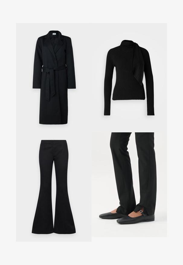 Čierny dlhý kabát s vyloženým klopom, prekrývacím dizajnom a zodpovedajúcim pásom na uväzovanie. Vyrobený z vlnenej tkaniny, má dlhé rukávy a hladkú textúru.; Čierny pletený sveter s rebrovaným vzorom, s falošným golierom a bočným drapériom. Dlhé rukávy, priliehavý strih a štruktúrovaná látka vytvárajú elegantný vzhľad.; Čierne rozšírené nohavice z hladkej látky, s priliehavým vrchom a širokými nohavicami, bez viditeľných ozdôb alebo vreciek.; Nohy v čiernych priliehavých nohaviciach s prednými rozparkami na leme, v kombinácii s čiernymi plochými topánkami Mary Jane s malým prackovým remienkom.