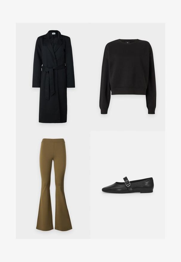 Sorte lang frakke med spidse rever, omslag-design og matchende taljebånd. Lavet af uld-lignende stof, med lange ærmer og en glat tekstur.; Sort cropped sweatshirt med lange ærmer, rund halsudskæring og ribbede manchetter. Lavet af blødt stof med en glat tekstur. Ingen mønstre eller hardware.; Højtaljede, svajede bukser i olivengrøn. Fremstillet af strækstof, med en glat overflade og en bred klokke fra knæet og ned.; Sorte læder flade sko med rund tå, et enkelt justerbart spænde og en glat, blank overflade. Minimalistisk design med en lav hæl.