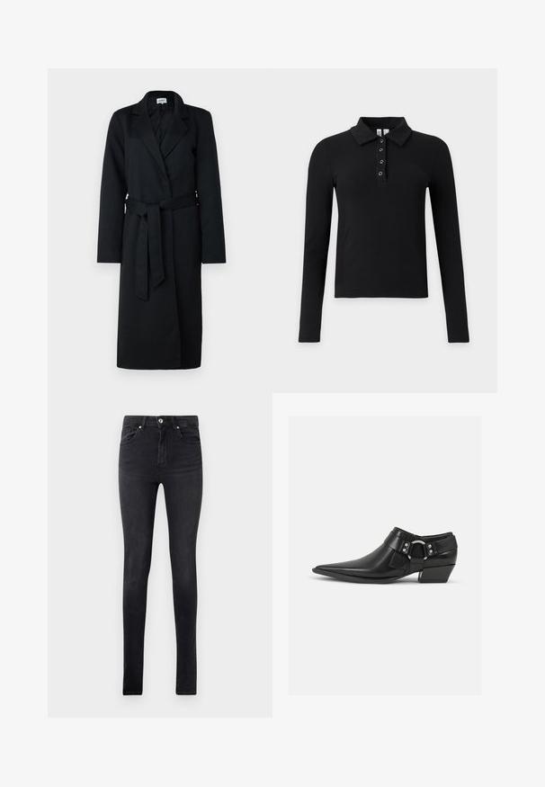 Abrigo negro largo con solapas en forma de pico, diseño envolvente y un cinturón a juego. Hecho de un tejido similar a la lana, presenta mangas largas y una textura suave.; Polo negro de manga larga con canalé, cuello y cuatro botones de ojal metálicos en la tapeta.; Jeans de denim negros de corte slim con cinco bolsillos y cierre de botón en la cintura, exhibidos sobre un fondo blanco liso.; Botas de cuero negras hasta el tobillo con puntera puntiaguda, que presentan una correa de cuero en la parte delantera y un detalle de hebilla plateada, además de un tacón bajo y cuadrado.