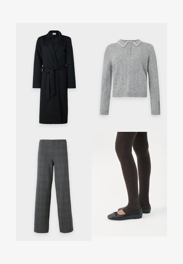 Sorte lang frakke med spidse rever, omslag-design og matchende taljebånd. Lavet af uld-lignende stof, med lange ærmer og en glat tekstur.; Lys grå strikket sweater med lange ærmer, tre knapper ved brystet og en krave dekoreret med perler.; Vero Moda VMBERLIN WIDE PANT - Bukser - dark grey/black; Ben iført mørke ribbede leggings kombineret med sorte balletsko med små sløjfedetaljer på hvid baggrund.