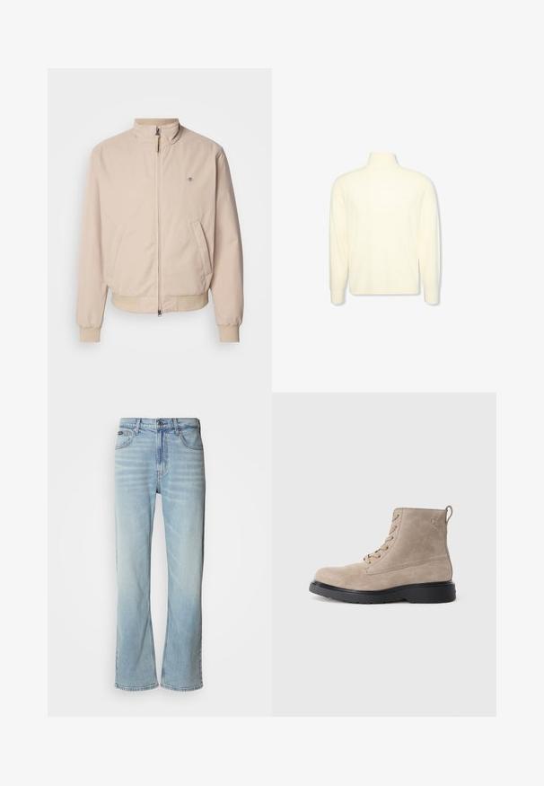 GANT HAMPSHIRE JACKET - Letná bunda - concrete beige; Krémový dlhý rukáv s rolákom, s rebrovanými manžetami a jemným logom na hrudi, zobrazený na bielom jednoliatom pozadí.; Svetlo modré džínsy so strihom rovného nohavice, obsahujúce päť vreciek, zapínanie na gombík a jemné vyblednutie na látke.; Béžové semišové členkové topánky s čiernou gumovou podrážkou, zaviazaním, malým embosovaným logom na boku a so stahovacím pásikom na zadnej strane.
