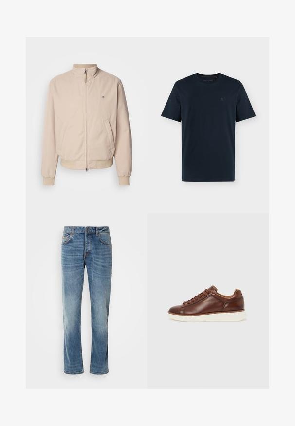 GANT HAMPSHIRE JACKET - Kevyt takki - concrete beige; Tummansininen, lyhythihainen pyöreäkauluksinen t-paita, jossa vasemmassa rinnassa pieni, hillitty logo valkoisella taustalla.; Vaaleansiniset farkut suorilla lahkeilla, joissa on viisi taskua, kontrastiväriset ompeleet ja kuluneet pinnat. Varustettu nappi- ja vetoketjusuljennalla.; Ruskea nahkainen nauhallinen tennari, jossa valkoinen kumipohja, matala malli ja sivussa kohokuvioitu "BOSS"-logo.
