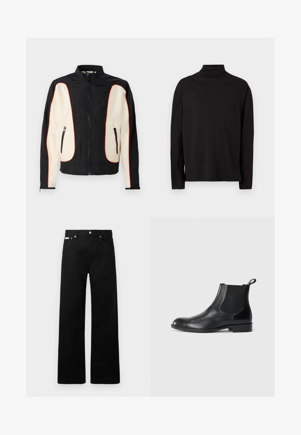 Chaqueta negra y crema con cuello alzado. Presenta ribetes rojos, dos bolsillos con cremallera y una tela suave con una ligera textura.; Suéter de cuello vuelto negro de manga larga, elaborado con una tela suave y lisa, que tiene un corte holgado y carece de patrones o acentos visibles.; Pantalones de mezclilla negros con un diseño de pierna ancha, que cuentan con cinco bolsillos y herrajes de botón metálico. Textura suave, sin patrones visibles.; Botín negro de cuero hasta el tobillo con paneles elásticos a los lados, punta redondeada y lengüeta. Textura suave, suela plana, diseño minimalista.