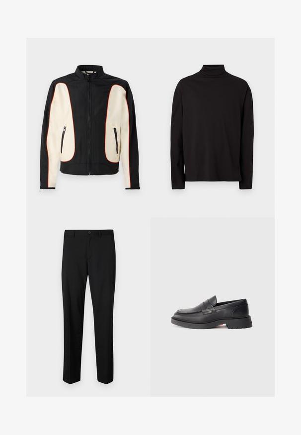 Chaqueta negra y crema con cuello alzado. Presenta ribetes rojos, dos bolsillos con cremallera y una tela suave con una ligera textura.; Suéter de cuello vuelto negro de manga larga, elaborado con una tela suave y lisa, que tiene un corte holgado y carece de patrones o acentos visibles.; Pantalones de traje negros con frente plano, cintura estándar y piernas rectas. Hechos de una tela suave, con un cierre de botón único.; Mocasines de cuero negro con punta redondeada, costura elevada y suela de goma gruesa. Diseño simple con mínima marca en el lateral.