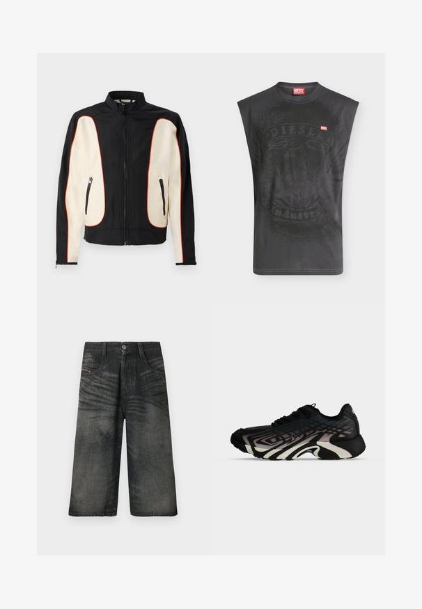 Schwarze und cremefarbene Jacke mit Stehkragen. Verfügt über rote Paspeln, zwei Reißverschlusstaschen und einen glatten, leicht strukturierten Stoff.; Ärmelloses schwarzes Diesel-T-Shirt mit dezentem Adlermotiv und kleinem roten Diesel-Logo-Patch auf der Brust.; Schwarze Denim-Shorts mit weitem Bein, vorne mit Knöpfen, Reißverschluss, Gürtelschlaufen und verblassten Designdetails.; Schwarzer und grauer Sportschuh mit geschichteten geometrischen Mustern und dicker, geformter Sohle, von der Seite vor weißem Hintergrund gezeigt.