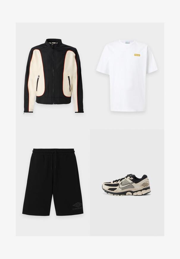 Veste noire et crème avec un col montant. Présente des passepoils rouges, deux poches zippées et un tissu lisse légèrement texturé.; T-shirt blanc à manches courtes et col rond avec un petit logo rectangulaire jaune Columbia Sportswear sur le côté gauche de la poitrine.; Shorts de sport noirs mi-longue avec taille élastique, cordon de serrage, poches latérales et logo Umbro sur la partie inférieure de la jambe gauche.; Chaussure de course Nike en crème et noir. Comprend une tige en mesh, des accents texturés, une semelle extérieure épaisse en caoutchouc et un design de semelle intermédiaire remarquable.