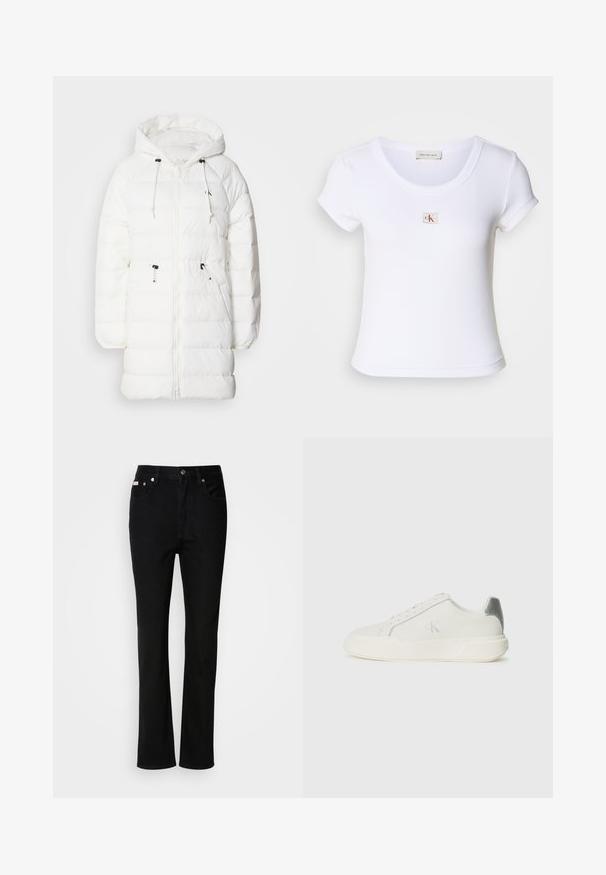 Calvin Klein Jeans Wintermantel - snow white; Weißes, tailliertes T-Shirt aus geripptem Stoff, mit einem runden Halsauschnitt und kurzen Ärmeln. Ein kleines CK-Logo ist auf der Brust gestickt.; Schwarze Jeans mit geradem Bein, Knopf- und Reißverschluss vorne, Gürtelschlaufen und Fünf-Taschen-Design.; Weißer Sneaker aus Leder mit glatter Textur, ausgestattet mit einem silbernen Akzent an der Ferse, flacher Sohle und minimalistischem Design.