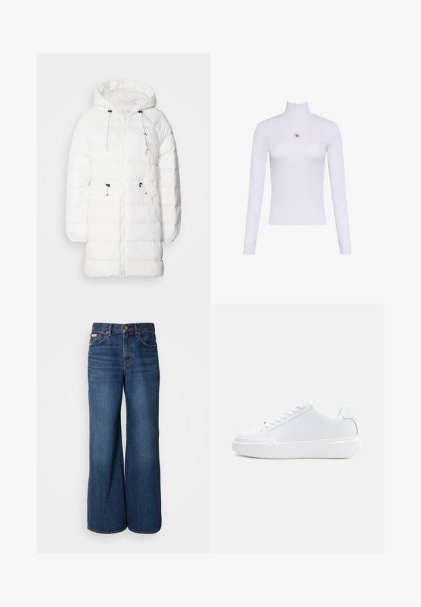Calvin Klein Jeans Wintermantel - snow white; Weißes Langarm-Turtleneck-Top mit einem kleinen Calvin Klein Logo-Patch zentral auf der Brust.; Weite Jeans aus dunkelblauem Denim. Merkmale sind eine hohe Taille, fünf Taschen und kontrastierender orangefarbener Stitching entlang der Nähte.; Weißer Sneaker mit niedrigem Schaft, Schnürverschluss, dicker Sohle und glattem Obermaterial, von der Außenseite vor einem einfarbigen hellen Hintergrund gezeigt.