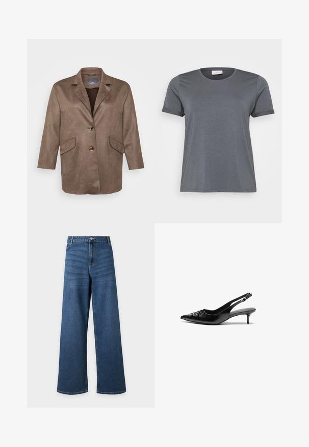 Brun faux suede blazer med notched lapels, to frontlommer og en enkelt knaplukning. Har 3/4-længde ærmer.; Grå kortærmet T-shirt lavet af blødt stof, med en klassisk rund halsudskæring og oprullede ærmer. Glat tekstur uden synlige mønstre.; Blå vidde-benet denim jeans med frontknap og lynlås, forlommer og bæltestropper, vist fladt mod en lys baggrund.; Sorte læder slingback-pumps med spids tå, lav kitten-hæl og rynket detalje på overdelen. Glat tekstur og minimalistisk design.
