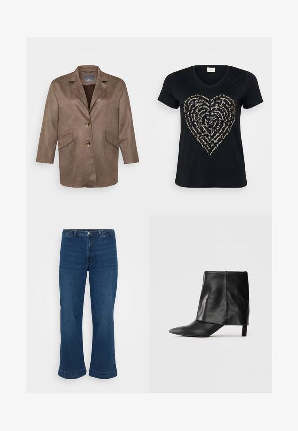 Blazer de ante sintético marrón con solapas de muesca, dos bolsillos frontales y cierre de un solo botón. Presenta mangas de longitud tres cuartos.; Camiseta negra de cuello en V con un diseño de texto en forma de corazón en beige claro, que presenta palabras sobre amor, compasión y compromiso en cursiva.; Jeans de cintura alta en azul con pierna recta y dobladillo acampanado, fabricados en denim. Presentan un diseño clásico de cinco bolsillos y cierre con botón de metal.; Botín de cuero negro a medio pantalón con punta afilada, parte superior doblada y tacón bajo delgado, de pie sobre un fondo blanco.