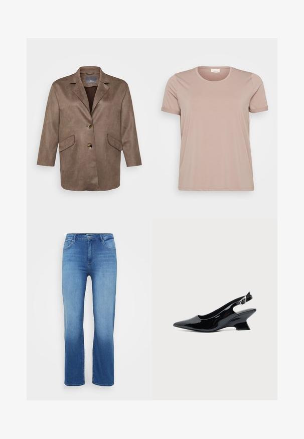 Blazer de ante sintético marrón con solapas de muesca, dos bolsillos frontales y cierre de un solo botón. Presenta mangas de longitud tres cuartos.; Camiseta de manga corta de color rosa claro con cuello redondo y mangas enrolladas, hecha de una tela suave y lisa. Sin patrones ni acentos visibles.; Jeans de mezclilla de color azul claro con corte recto, diseño de cinco bolsillos y un efecto desgastado en el dobladillo. Cierre de botón en la cintura.; Zapato slingback de cuero charol negro con puntera puntiaguda y tacón bajo en bloque inclinado sobre fondo claro liso.