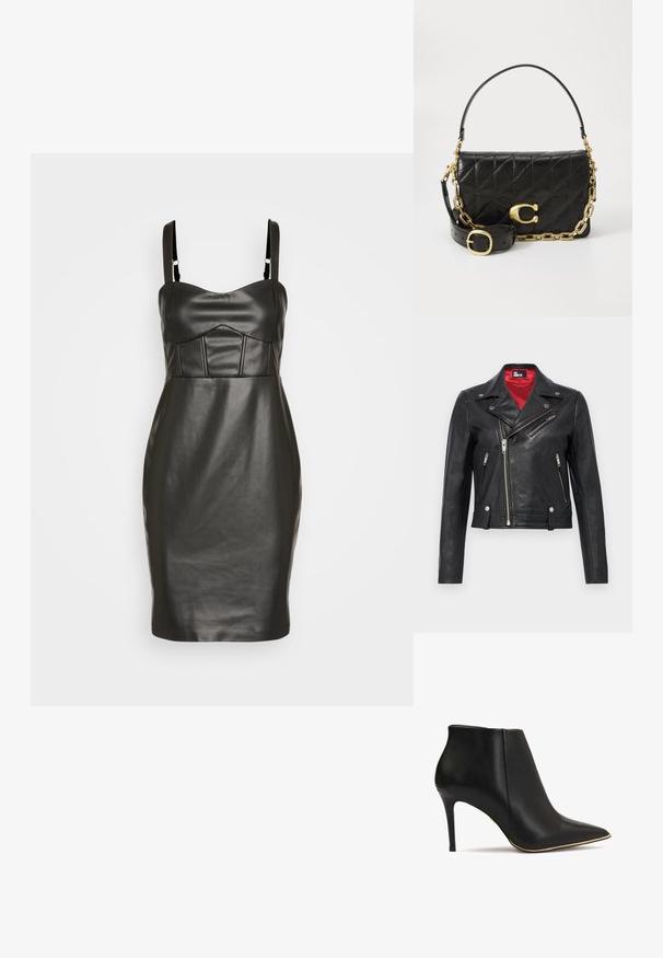 Schwarze Leder-Bikerjacke mit asymmetrischen silbernen Reißverschlüssen, Stehkragen mit Druckknöpfen und rotem Innenfutter, dargestellt auf einfarbigem Hintergrund.; Schwarzes Kunstlederkleid mit taillierter Silhouette, dünnen Trägern und einem strukturierten, gepolsterten Oberteil mit vertikalen Nähten. Glatte Textur.; Schwarze Lederstiefelette mit spitzem Zeh, hohem Stiletto-Absatz und goldener Akzentuierung entlang der Sohle. Glatte Textur und elegantes Design.; Schwarze Lederhandtasche mit gestepptem Design, einer goldenen Kettenriemen und einem auffälligen goldenen Verschluss. Verfügt über einen abnehmbaren Lederriemen für Vielseitigkeit.