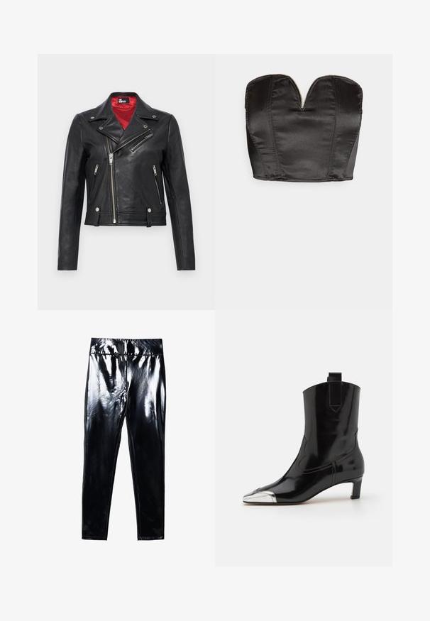 Schwarze Leder-Bikerjacke mit asymmetrischen silbernen Reißverschlüssen, Stehkragen mit Druckknöpfen und rotem Innenfutter, dargestellt auf einfarbigem Hintergrund.; Vero Moda VMSALLY CROPPED SIMILI CORSAGE - Top - black; Schwarze, hochglänzende Leggings mit glatter, glänzender Oberfläche. Elastischer Bund und figurbetontes Design mit schmal zulaufendem Bein.; ALOHAS SHIMMER BICOLOR BOOTS - Stiefelette - black/silver