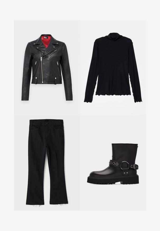 Schwarze Leder-Bikerjacke mit asymmetrischen silbernen Reißverschlüssen, Stehkragen mit Druckknöpfen und rotem Innenfutter, dargestellt auf einfarbigem Hintergrund.; Rodebjer CISNE - Langarmshirt - black; Mother LIL HUSTLER FRAY - Jeans Bootcut - black denim; Schwarzer Lederstiefel bis zur Mitte der Wade mit dicker Profilsohle, dekorativem Riemen mit silbernen Metallösen und Schnalle an der Seite.