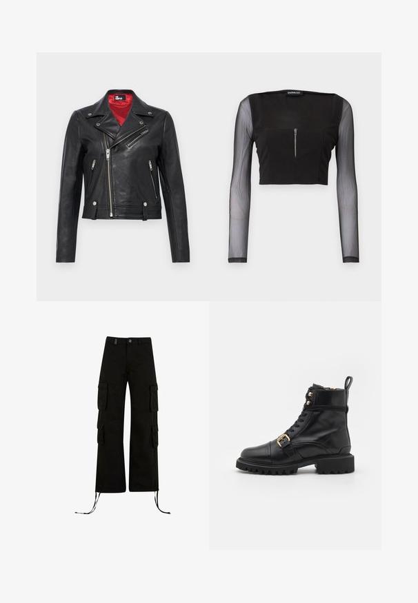 Sort læderbikerjakke med asymmetriske sølvlynlåse, krave med trykknapper og rødt indre foer, vist på ensfarvet baggrund.; Sort crop top med firkantet halsudskæring, fremstillet i uigennemsigtigt stof med gennemsigtige lange ærmer. Frontlynlås tilføjer detalje til designet.; Sorte cargo bukser med en afslappet pasform, der har cargolommer på siderne, snøre i kanten og en knaplukning i taljen.; Sort læder ankelstøvle med en kraftig gummisål, guld spænde detalje og snøring foran. Har en textured overflade og solid konstruktion.