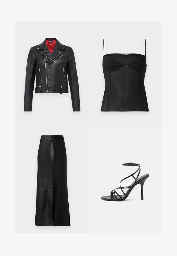 Schwarze Leder-Bikerjacke mit asymmetrischen silbernen Reißverschlüssen, Stehkragen mit Druckknöpfen und rotem Innenfutter, dargestellt auf einfarbigem Hintergrund.; Schwarzes, ärmelloses, figurbetontes Top mit dünnen Schulterträgern, herzförmigem Ausschnitt und Nahtdetails vor einem schlichten weißen Hintergrund.; Schwarzer Lederrock mit gerader Silhouette, ausgestattet mit einer Rückenschlitz, glatter Textur und sichtbaren Nahtdetails.; Schwarze High-Heel-Sandale mit dünnen Riemen, einem Knöchelverschluss, einer glatten Lederoberfläche und einem schlanken Stiletto-Absatz.