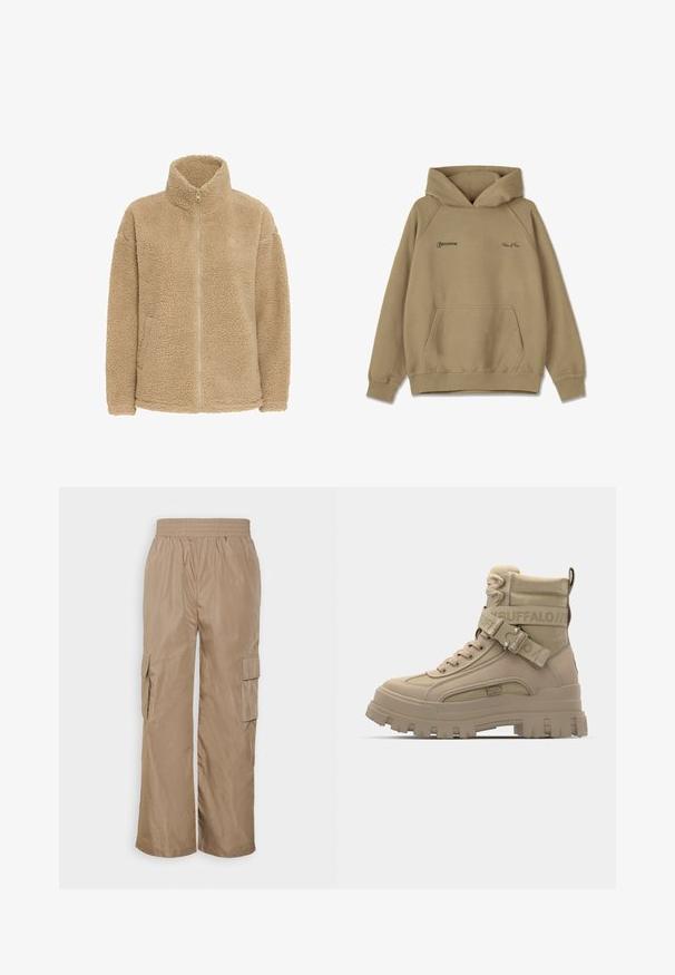 Beige fleecejakke med høj krave, fuld lynlås og sidelommer. Har en blød, struktureret overflade og en afslappet pasform.; Beige hættebluse i fleece materiale, med en frontlomme, ribbede mansjetter og broderede logoer på brystet.; Even&Odd by Zalando Cargobukser - beige; Tan højhælede støvler lavet af syntetisk materiale, der har en grov sål, teksturerede stofdetaljer og en rem med logo.