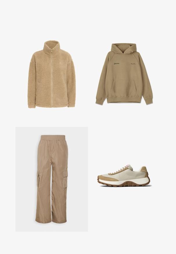 Chaqueta de forro polar beige con cuello alto, cremallera completa y bolsillos laterales. Presenta una superficie suave y texturizada con un corte relajado.; Sudadera con capucha beige de material polar, con un bolsillo frontal, puños de canalé y logotipos bordados en el pecho.; Even&Odd Pantalones cargo - beige; Zapatilla de cuero y ante beige con un acabado texturizado, cordones blancos y una suela de goma marrón con una suela antideslizante con patrón.